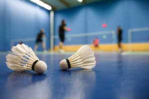 badminton - badminton courts with players competing; shuttlecock